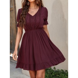 Lace Insert V Neck Flounce Hem Dress