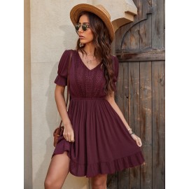 Lace Insert V Neck Flounce Hem Dress