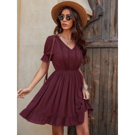 Lace Insert V Neck Flounce Hem Dress