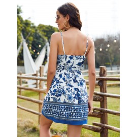 Floral Print Overlap Collar  Dress