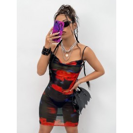 Backless Graphic Mesh  Dress