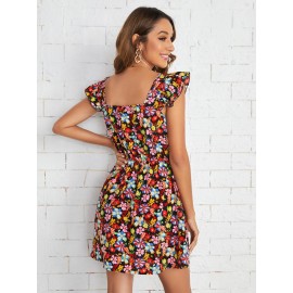 Allover Floral Print Butterfly Sleeve Dress