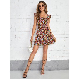 Allover Floral Print Butterfly Sleeve Dress