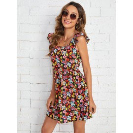 Allover Floral Print Butterfly Sleeve Dress