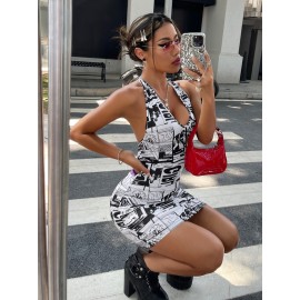 90s Letter Graphic Tied Backless Dress