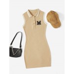 Letter Patch Detail Contrast Trim Polo Neck Dress