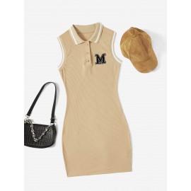 Letter Patch Detail Contrast Trim Polo Neck Dress