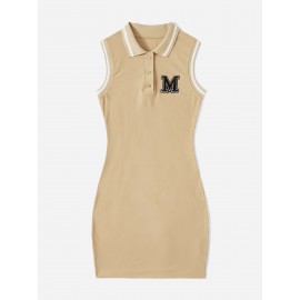 Letter Patch Detail Contrast Trim Polo Neck Dress